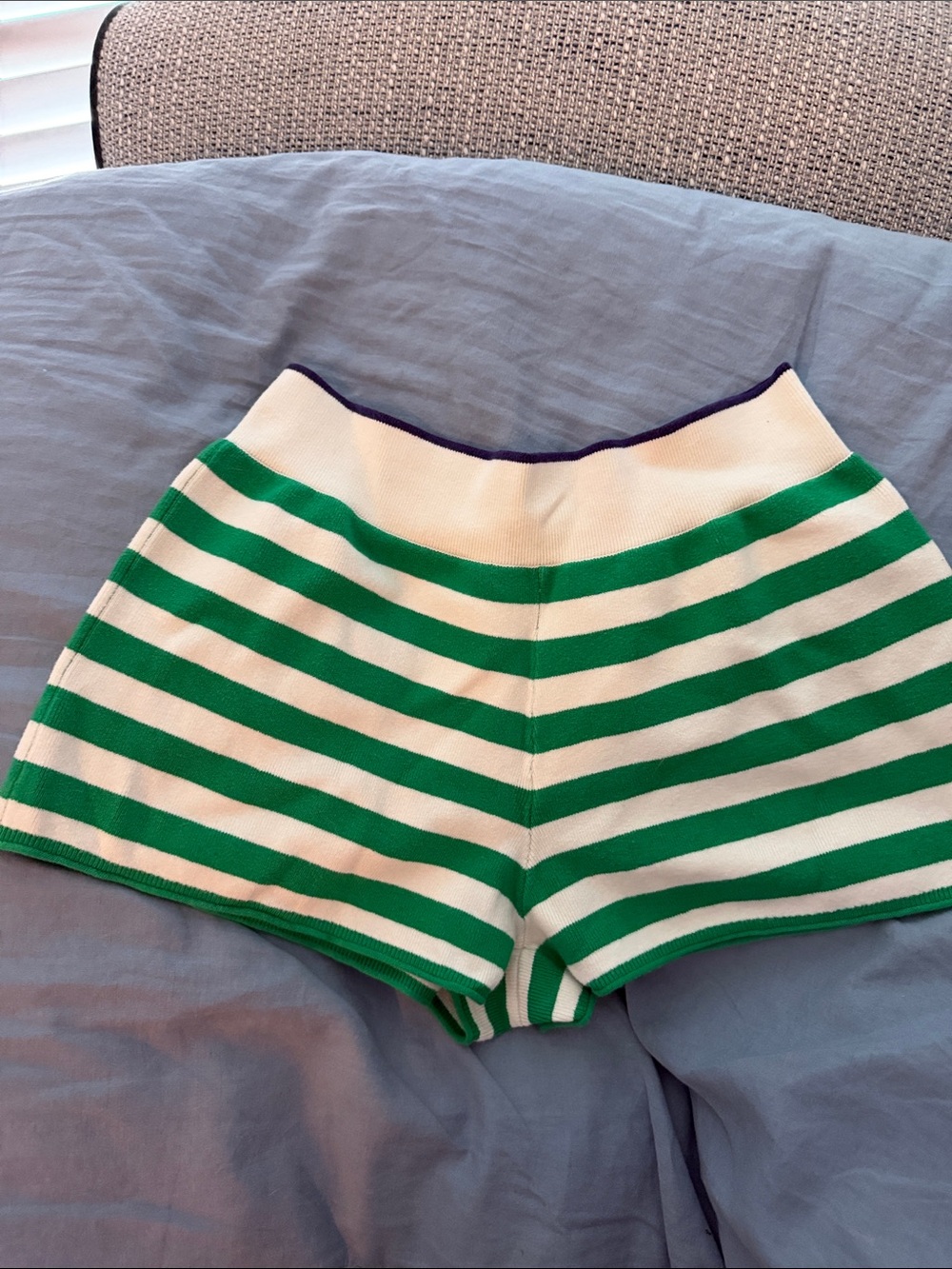 High-Rise Green & White Striped Knit Shorts